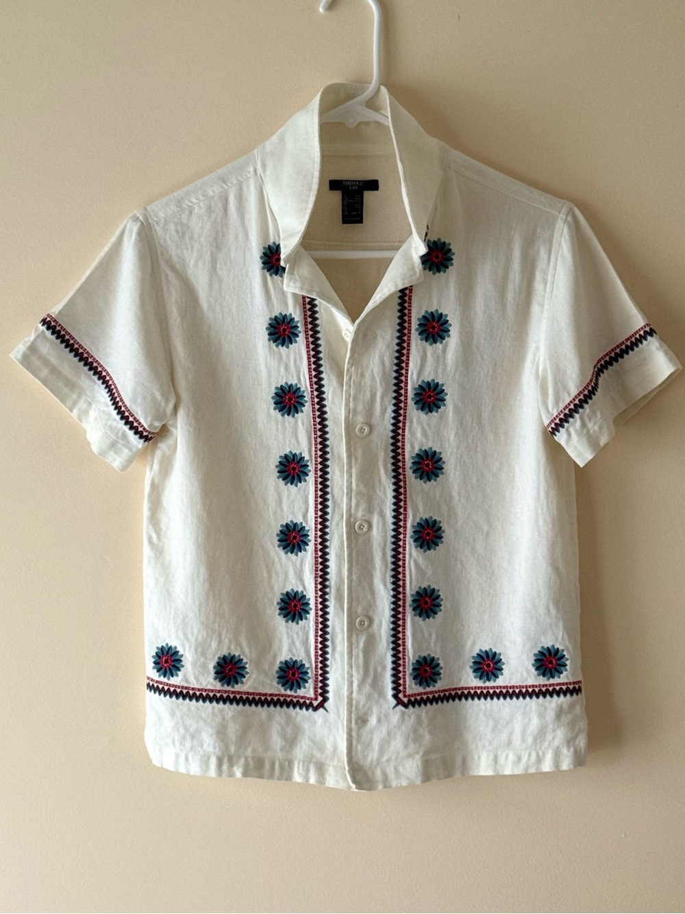 Forever 21 Boys Embroidered Floral Linen-Blend Button-Up Shirt, Size 11-12yrs